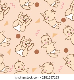 Set Cute Baby Babies Boy Cartoon Flat With Abstract Brown Object Collection Illustration Lite Pink Background.