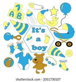 set of cute baby badges for newborn boy. The first items of children's wardrobe, items and accessories for newborns, clothes, toys, ball, balloon, moon, star, bottle of milk.