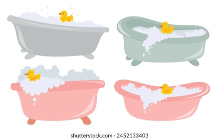 Set of cute baby bathtub with foam bubbles and rubber duck. 