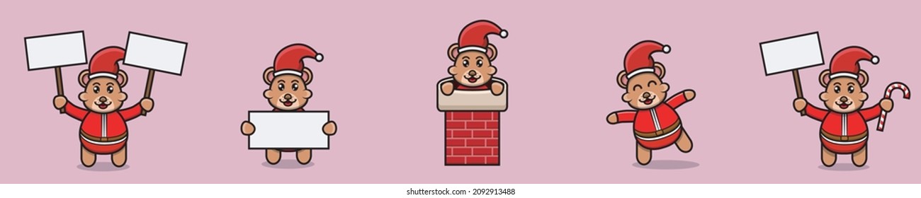 Set von scharfen Bärenfiguren mit Weihnachtskostüm und verschiedenen Posen. Vektorgrafik und Illustration.