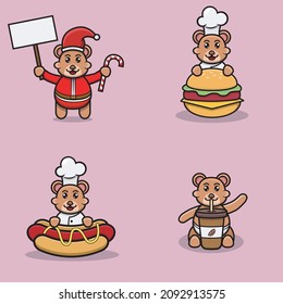 Set Of Cute Baby Bear Character With Various Poses. Christmas, Chef On Burger, Hot Dog and On Coffee Cup. Vector and Illustration.