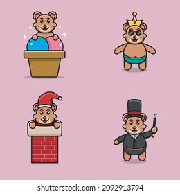 Set Of Cute Baby Bear Character With Various Poses. On Ice Cream, Chinmey, Wearing Crown, and Magician costume. Vector and Illustration.