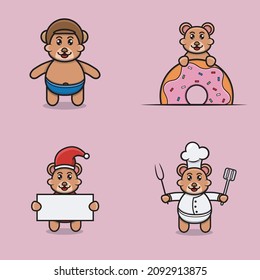 Conjunto De Caracteres De Oso De Bebé Con Diversos Poses. Usando Casco, en Donuts, navidad y chef. Vector e Ilustración.