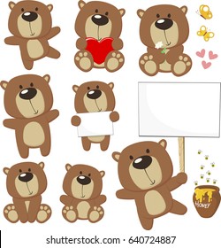 conjunto de osos lindos posando en diferentes posiciones y elementos de diseño, abejas, tarro de miel, mariposas y carteles en blanco para copiar espacio aislado en fondo blanco