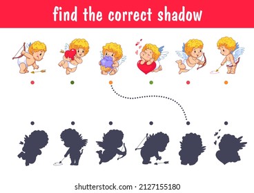 Conjunto de lindos cupidos bebes rubios en diferentes poses. Encuentra la sombra correcta. Juego educativo para niños. Ilustración vectorial de dibujos animados, clipart de color