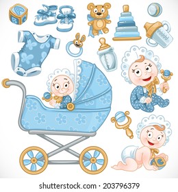 Set of cute baby, blue toys,  carriage, objects, clothes and things