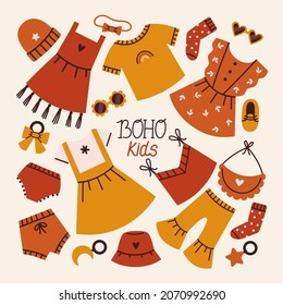 Set of cute  baby boho outfits. Lettering Boho kids. Vector flat illustration for a baby room, clothes, postcards, prints.