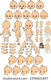 Set with a cute baby boy in a diaper. boy with different emotions, gestures and poses, All sides, Arms, legs and other body parts construction. Colour vector illustration set.