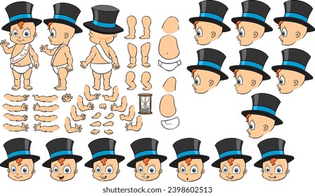 Set with a cute baby boy in a diaper and hat. boy with different emotions, gestures and poses, All sides, Arms, legs and other body parts construction. Colour vector illustration set.