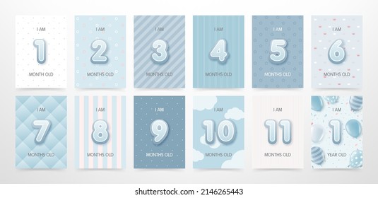 Set of cute baby boy monthly milestone invitation cards with numbers in pastel colors for baby shower party and gifts with blue background. Baby's first 12 month anniversary card. vector illustration