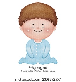 Set of cute baby boy watercolor  vector illustration