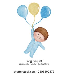 Set of cute baby boy watercolor  vector illustration