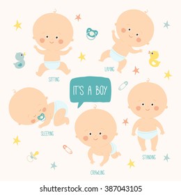 Set With  Cute Baby Boys 0-12 Months. Various Poses. First Year Activities. Sleeping, Sitting, Playing, Standing, Crawling. Cartoon Hand Drawn Vector Illustration Eps 10 Illustration Isolated On White