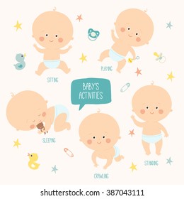 Set With  Cute Baby Boys 0-12 Months. Various Poses. First Year Activities. Sleeping, Sitting, Playing, Standing, Crawling. Cartoon Hand Drawn Vector Illustration Eps 10 Illustration Isolated On White