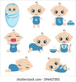 Set of cute baby boys. 0-12 months. Various poses. First year activities.