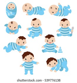 Set Of Cute Baby Boys. 0-12 Months. Various Poses. First Year Activities.