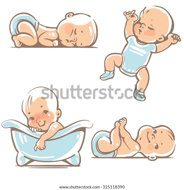 可愛い男の子を0 12カ月セット さまざまなポーズ 1年目の活動 寝ている姿勢 胃 背 脚を手にして お風呂で泳いで 白い背景にベクターイラスト のベクター画像素材 ロイヤリティフリー