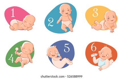 Set with cute baby boys and girls. Growth from newborn to toddler. First year activities. Crawling, sitting, standing, playing, smiling. Vector Illustration isolated on white background