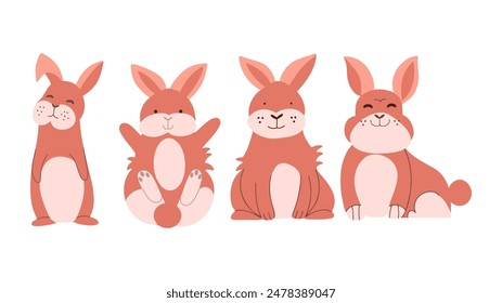 Set of cute baby bunnies in different poses. Modern vector illustration with funny animals. 