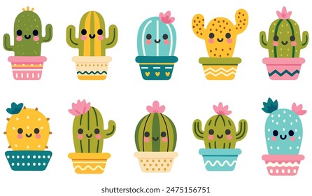 a set of cute baby cacti in pots