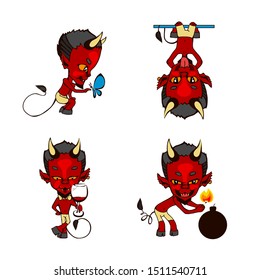 Set of cute baby characters devils for halloween. Emotional devils in different poses and pursuits. Made in bright colors with contour and fill. Characters for stickers, greetings cards or prints. 
