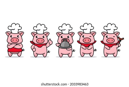 Set of cute baby chef piggy animal mascot design