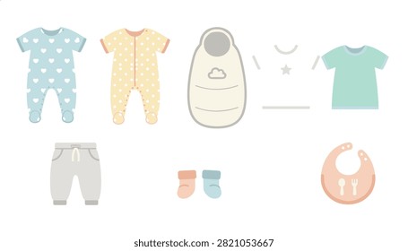 Set of cute baby clothes and accessories including rompers, t-shirt, pants, socks, bib, and sleep sack.