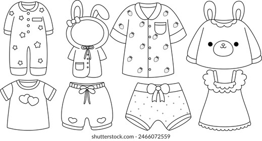 Set of cute baby clothes coloring page for kids isolated on white background. Black and white coloring for preschool children. Vector illustration, hand-drawn outline