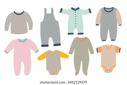 Set of of cute baby clothes isolated white background.