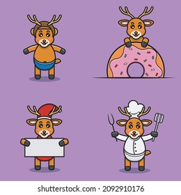 Set Of Cute Baby Deer Character With Various Poses. Wearing Helmet, on Donuts, christmas and chef. Vector and Illustration.