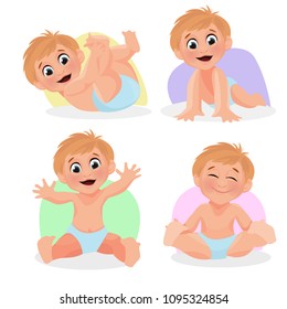 Set of cute baby  in diaper in different poses. Happy children. Vector illustration isolated on white background.