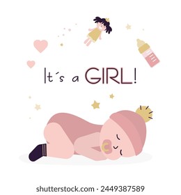 Set with cute baby and different things. Adorable child sleeps. Happy smiling newborn girl. Congratulation card. Baby shower greeting card with baby girl. flat vector illustration