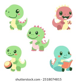 Set of Cute Baby Dinosaur Mascot Cartoon Character Playing While Smiling