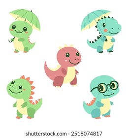 Set of Cute Baby Dinosaur Mascot Cartoon Character Playing While Smiling