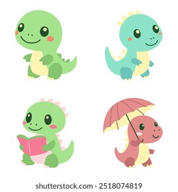 Conjunto de lindo bebé dinosaurio mascota de dibujos animados personaje jugando mientras sonríe