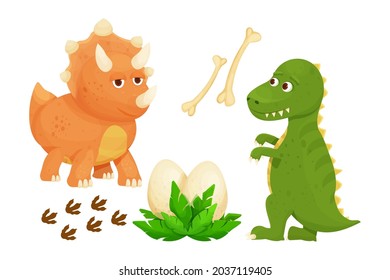 Set cute baby dinosaurs with dino egg, footprint, jurassic leaves and bones in cartoon style childish decoration isolated on white background. Ancient wild characters.