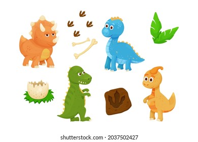 Set cute baby dinosaurs with dino egg, footprint, jurassic leaves and bones in cartoon style childish decoration isolated on white background. Ancient wild characters.