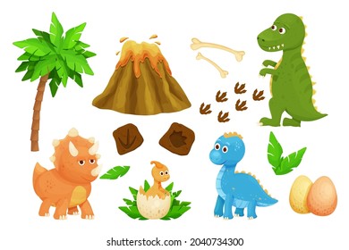 Set cute baby dinosaurs with dino egg, footprint, jurassic leaves, volcano and bones in cartoon style childish decoration isolated on white background. Ancient wild characters.