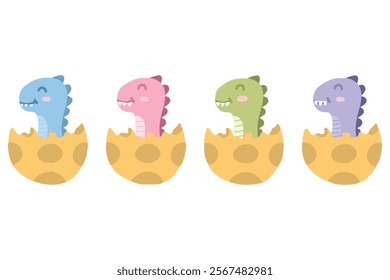 Set of cute baby dinosaurs hatching from egg set with cute kawaii style. Suitable for flat design illustration, clip art, stickers, etc