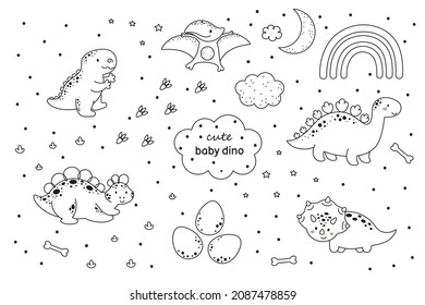 Set of cute baby dinosaurs in outline sketch style. Funny cartoon dinos collection for kids cards, baby shower, t-shirt, birthday invitation, house interior. Bohemian childish vector illustration.