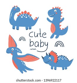 A set of cute baby dinosaurs. Vector illustration for printing on children's products, dishes, clothing, bedding, postcards, packaging, pictures.