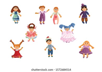 Set of cute baby dolls in different clothes and with varied hairstyles. Vector illustration in flat cartoon style.