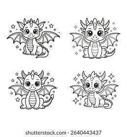 Set of Cute Baby Dragon Coloring Pages for Kids with Stars and Fantasy Wings

