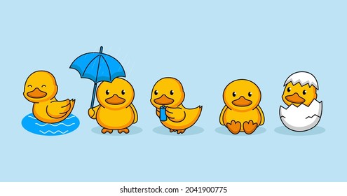 Set of cute baby ducks, sit, egg, raining, swimming