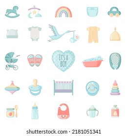 Set of cute baby elements for boy. Baby shower collection with toys and clothes. Vector illustration.