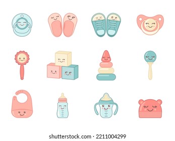 Set of cute baby elements with kawaii faces isolated on white background. Baby shower collection.