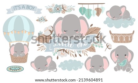 Set with cute baby elephant, hot air balloon, cloud, basket, flowers and phrase little one. Hand drawn vector illustration of little sleeping elephant.