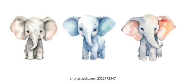 Set of cute baby elephant watercolor isolated on white background. Wild animal cartoon design vector illustration