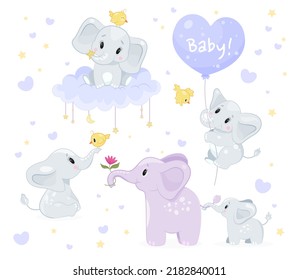 Set of cute baby elephants. Beautiful mammals in scandinavian style with balloon, bird, cloud and mom. Design for printing on children clothing. Cartoon flat vector collection isolated on white