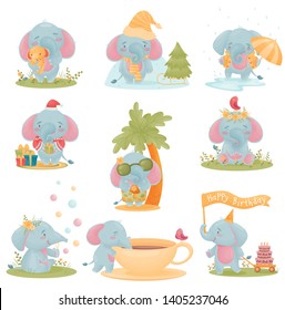 Set of cute baby elephants. Vector illustration on white background.